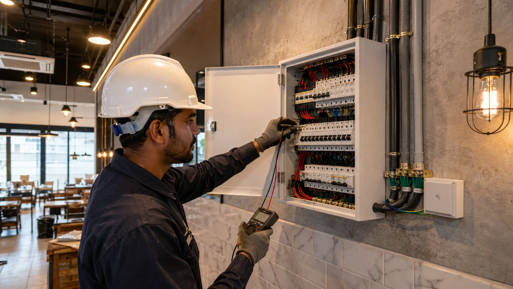 Electrician testing a commercial distribution board