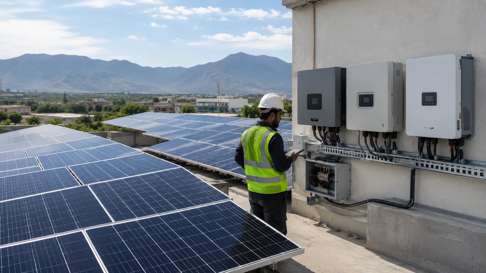 Rooftop solar installation with technician and inverter equipment